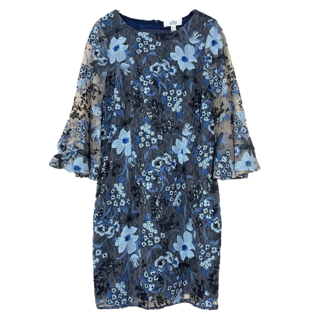 Belle Badgley Mischka Embroidered Floral Lace Sequin Cocktail Dress Blue Size 4